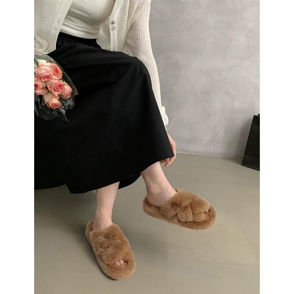 Women's Open Toe Slide Faux Fur Fuzzy Fluff Brown House Slippers Shoes - Picture 4 of 9